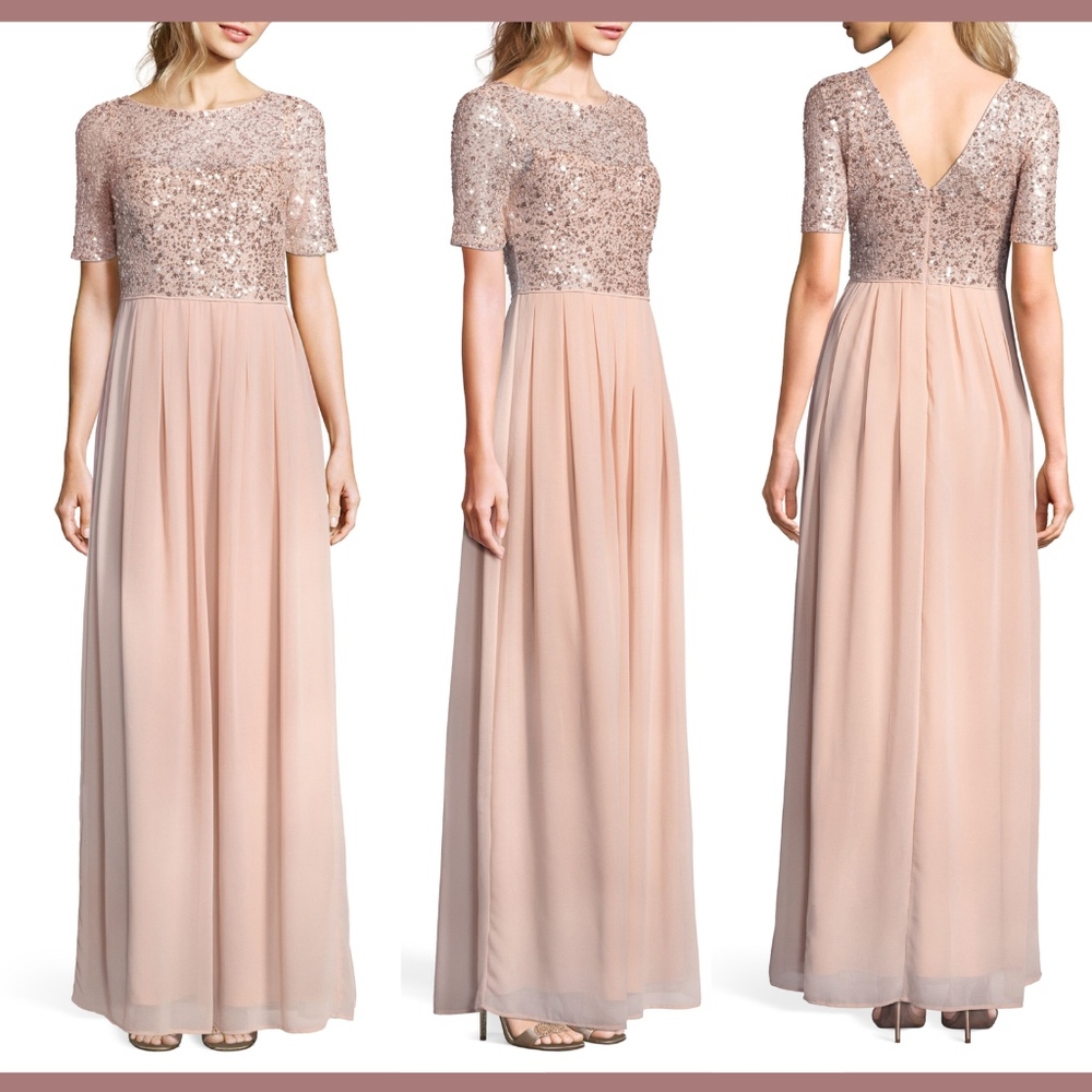 NEW $249 Adrianna Papell Beaded‎ Bodice Georgette Gown English Rose [SZ 4 ]